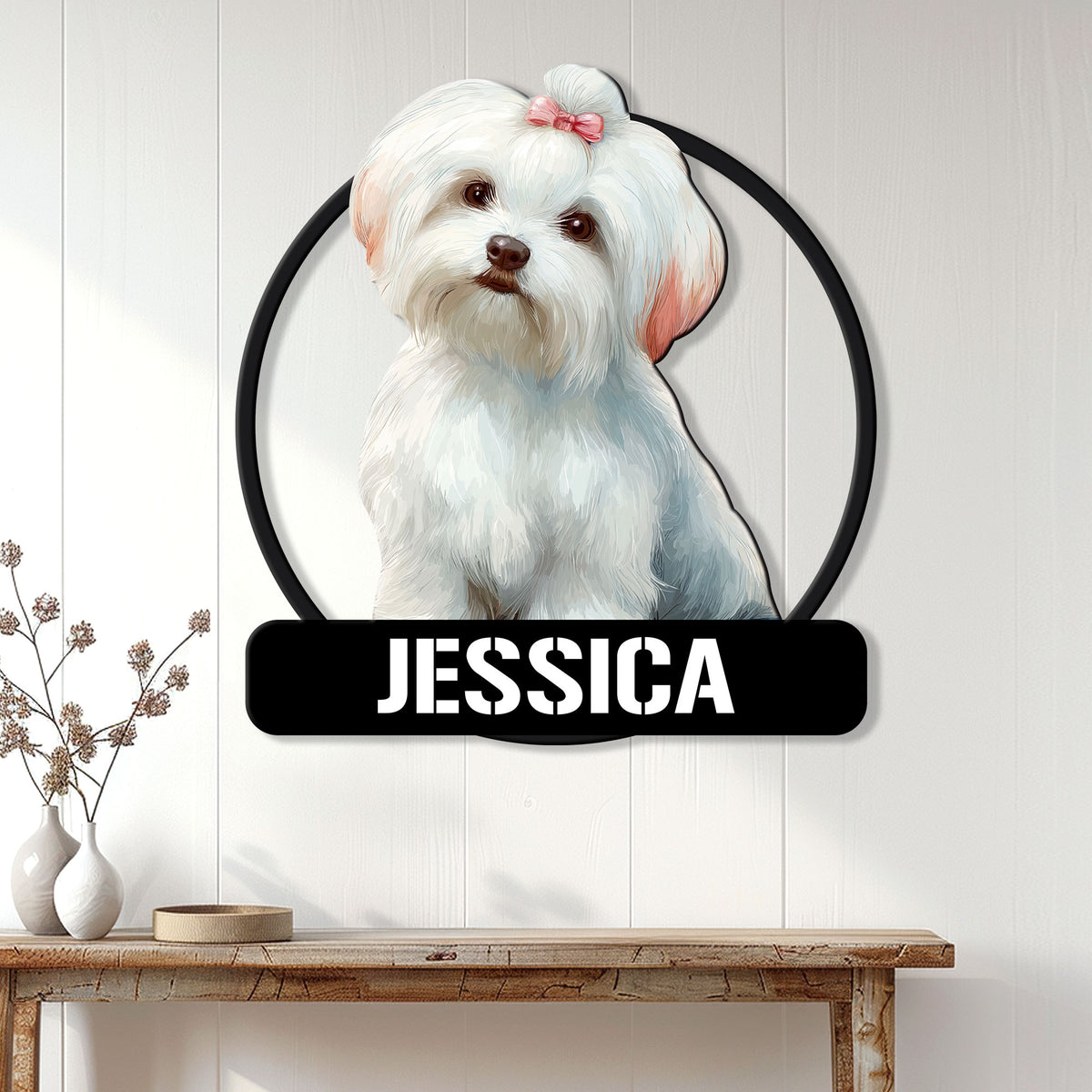 Maltese dog wall sign displayed on a light paneled wall above a wood console table