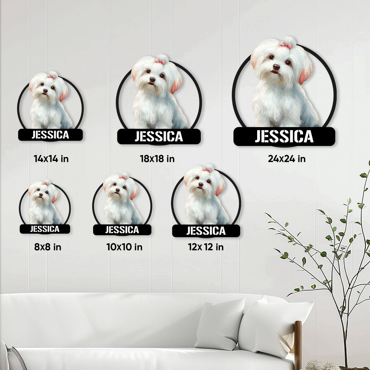 Maltese dog metal sign size guide showing six available square size options