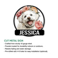 Bichon Frise floral metal sign shown with cut steel sign features and outdoor decor use