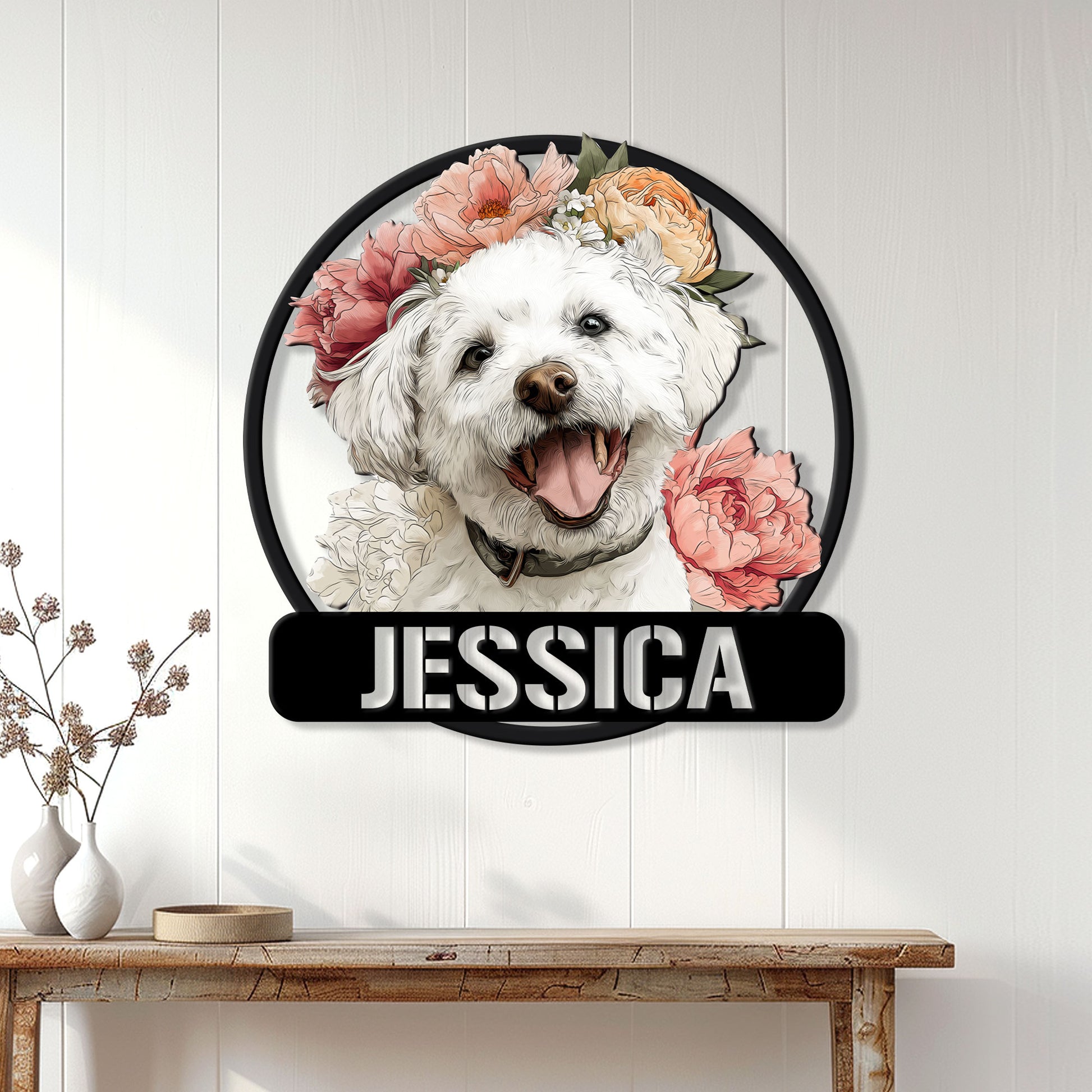 Bichon Frise flower portrait metal sign displayed on a light wood-paneled wall