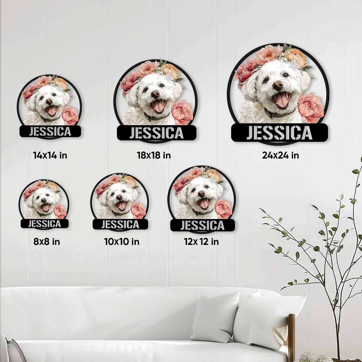 Bichon Frise floral metal sign size guide showing options from 8 by 8 to 24 by 24 inches