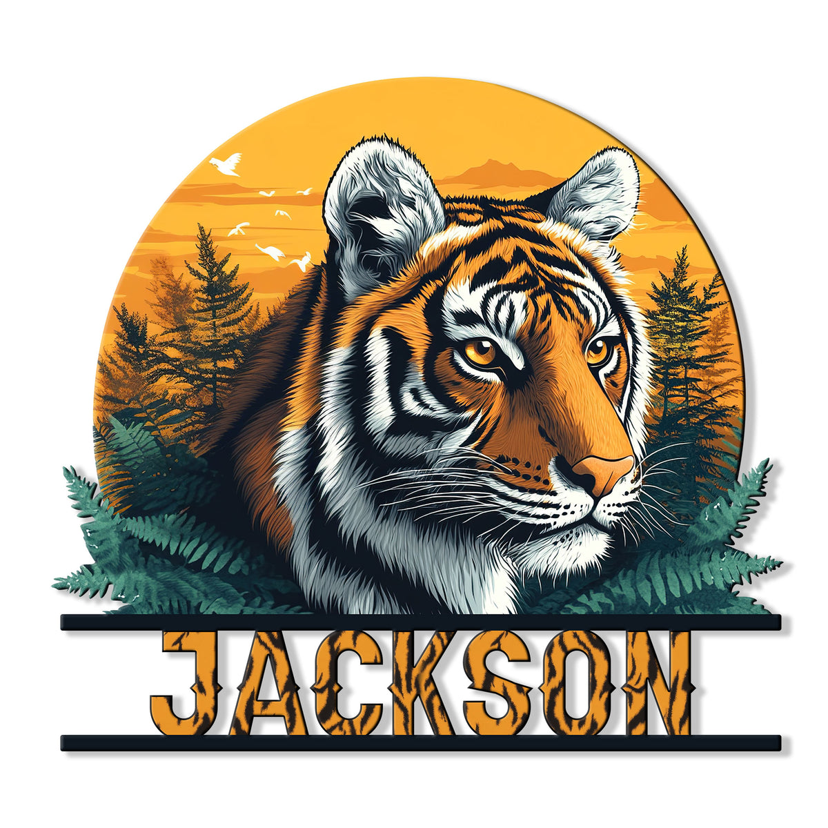 Custom tiger metal sign featuring a realistic tiger portrait framed by evergreen foliage, mountains, and a warm sunset