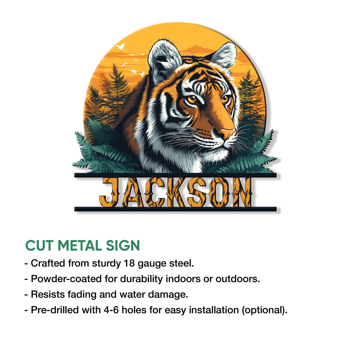 Tiger metal sign shown with a close-up wildlife design and an accompanying cut steel sign feature overview