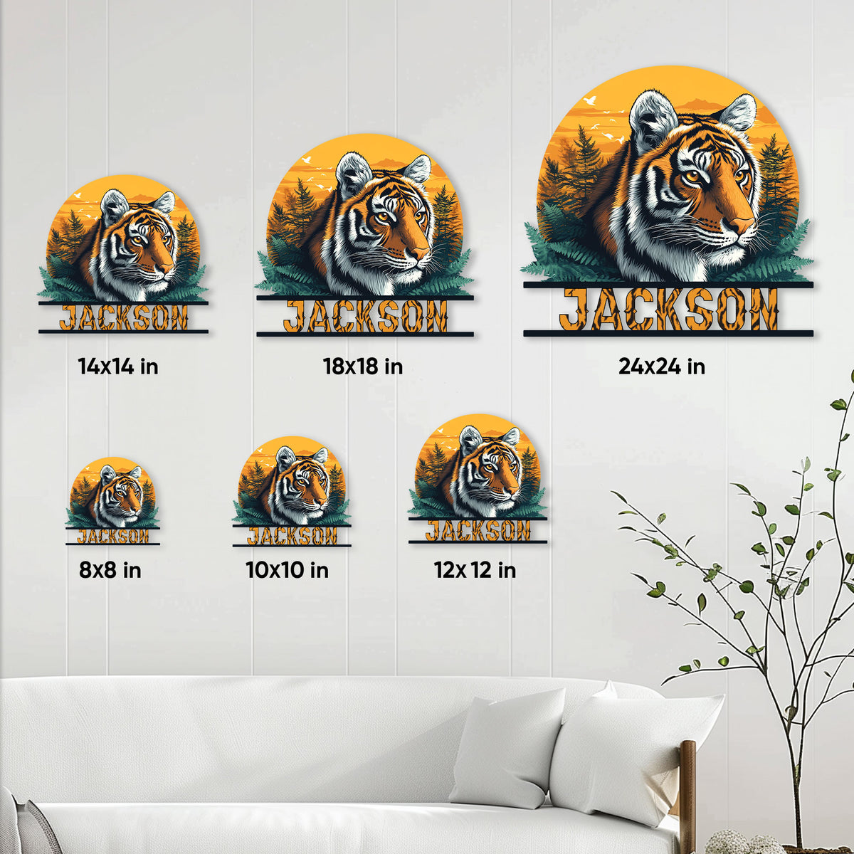 Tiger metal sign size guide showing multiple available dimensions displayed on a living room wall