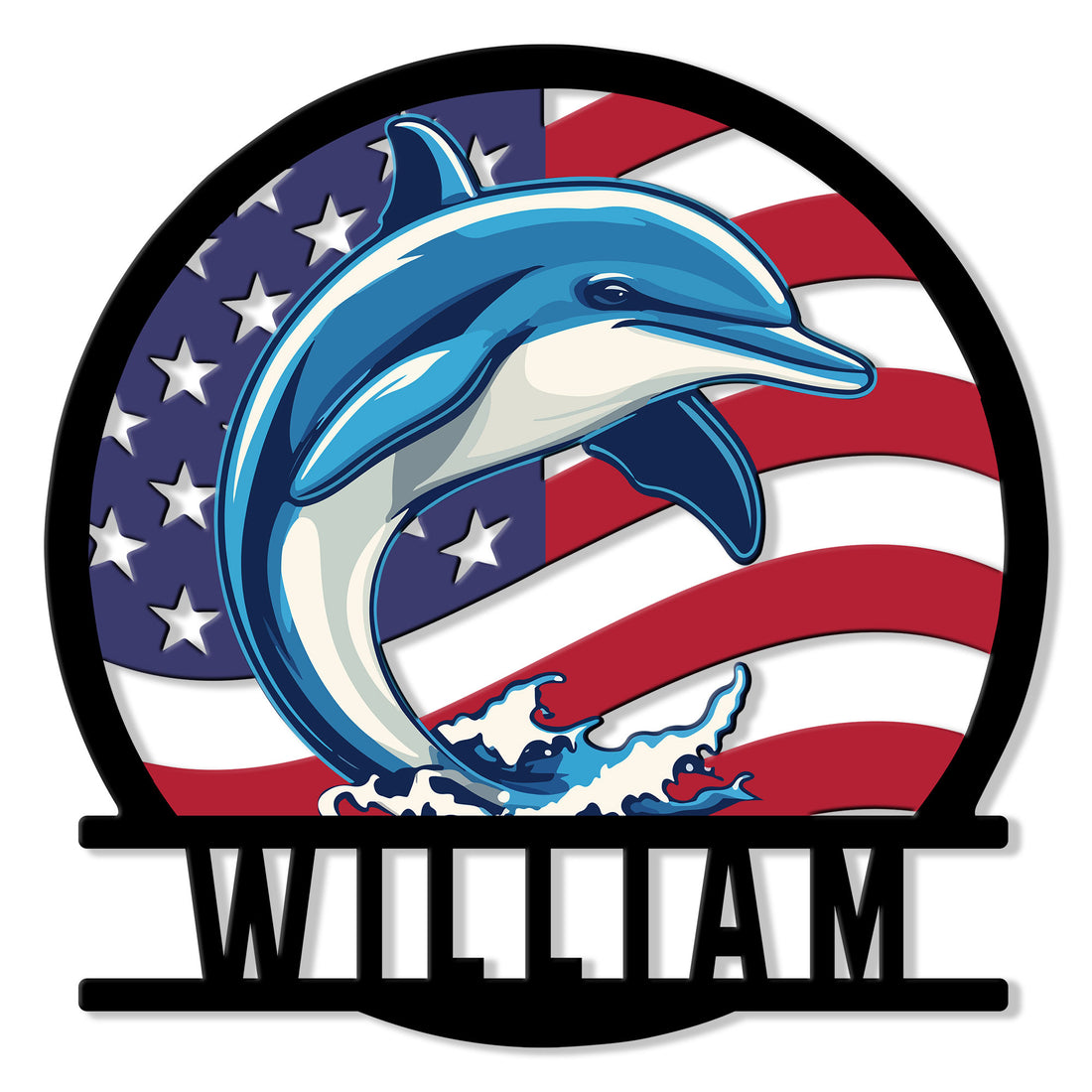 Custom dolphin metal sign featuring a leaping dolphin over ocean waves and a bold American flag design