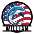 Custom dolphin metal sign featuring a leaping dolphin over ocean waves and a bold American flag design