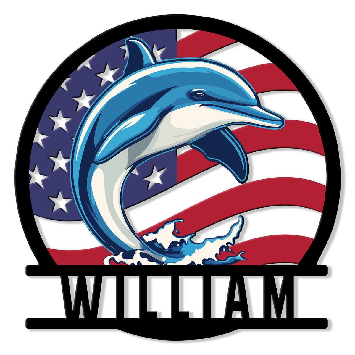 Custom dolphin metal sign featuring a leaping dolphin over ocean waves and a bold American flag design