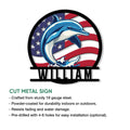 Dolphin patriotic metal sign shown with cut-metal construction and an American flag ocean design