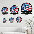 Dolphin American flag metal sign shown in multiple size options on a living room wall