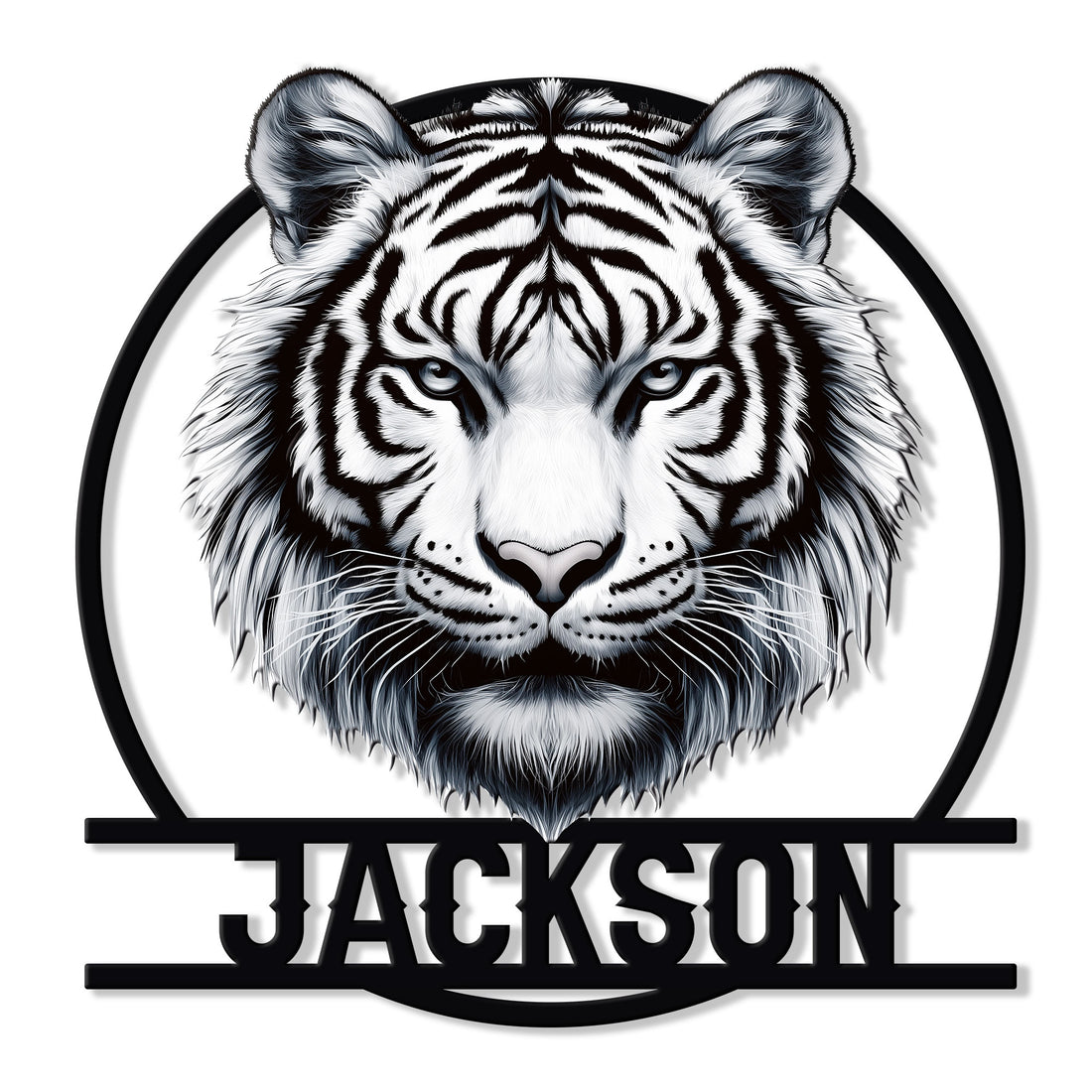 Detailed black and white tiger portrait metal sign with a bold circular frame and strong wildlife-inspired design