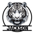 Detailed black and white tiger portrait metal sign with a bold circular frame and strong wildlife-inspired design