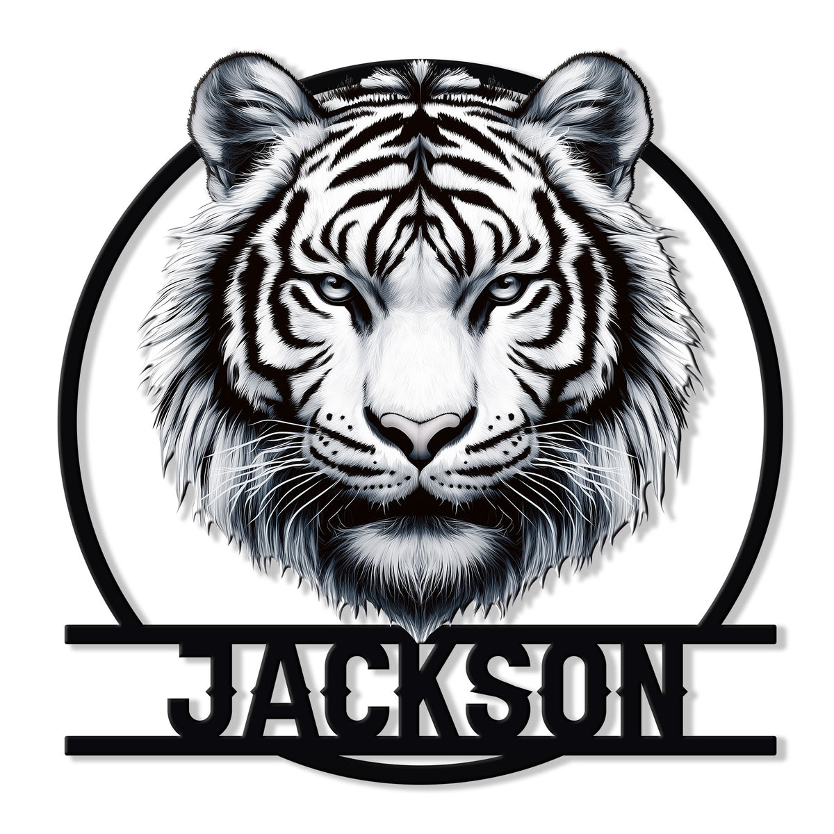 Detailed black and white tiger portrait metal sign with a bold circular frame and strong wildlife-inspired design
