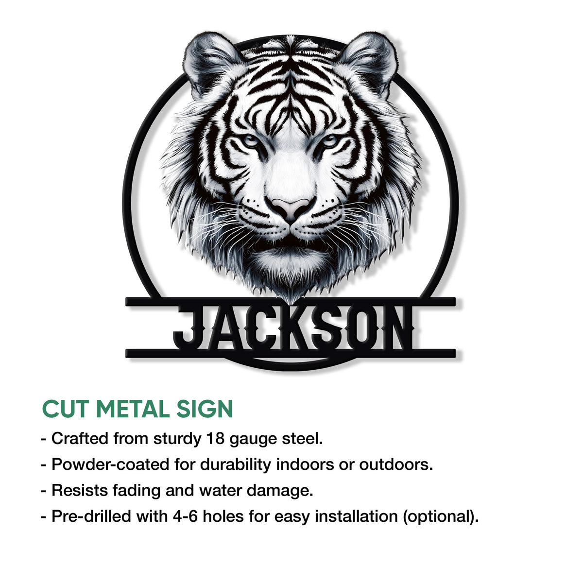 Tiger metal sign feature graphic showing the cut-steel portrait design and installation-ready wall decor format