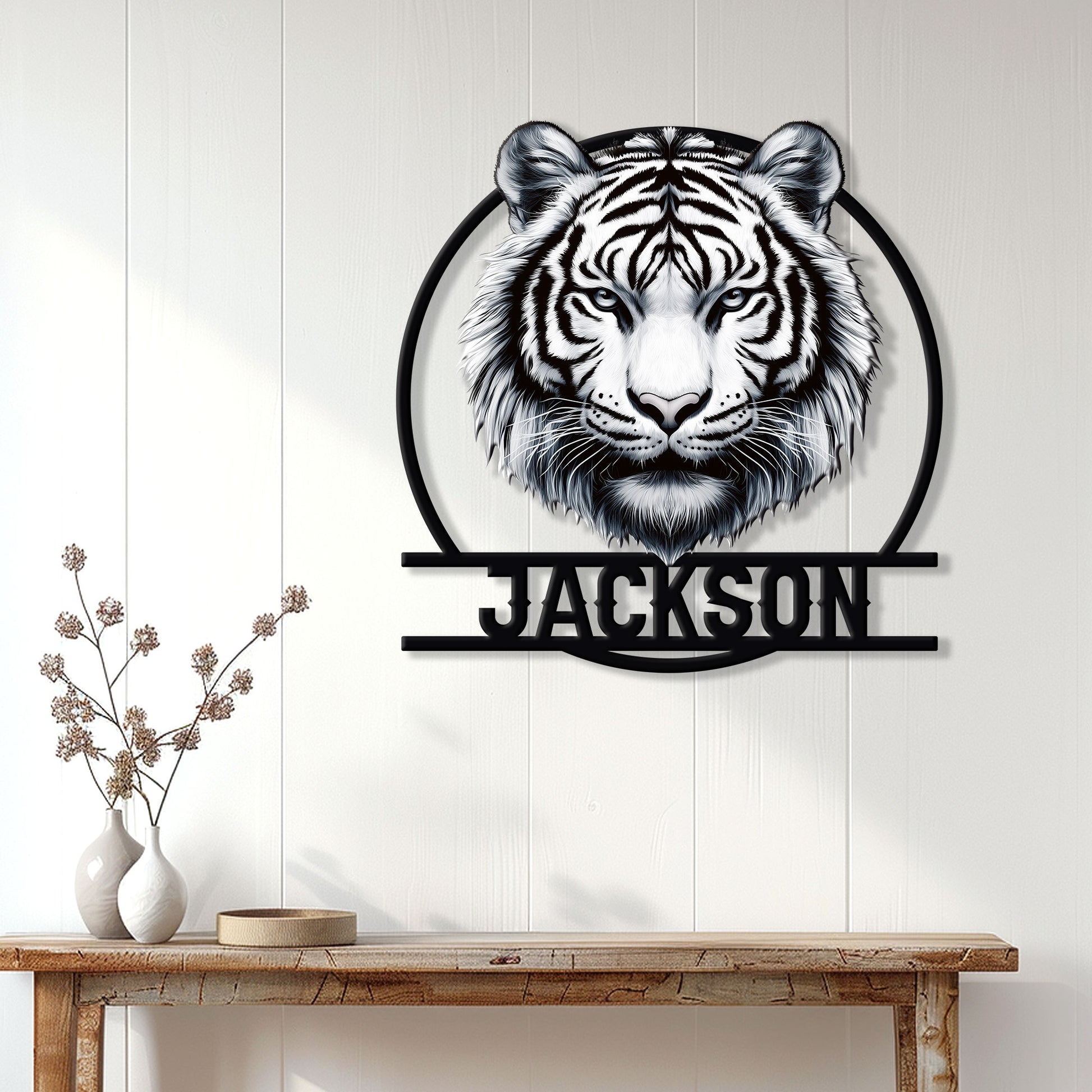 Custom tiger portrait metal sign displayed on a light paneled wall above a wood console table