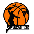 Basketball metal sign featuring a player silhouette dunking against an orange basketball backdrop