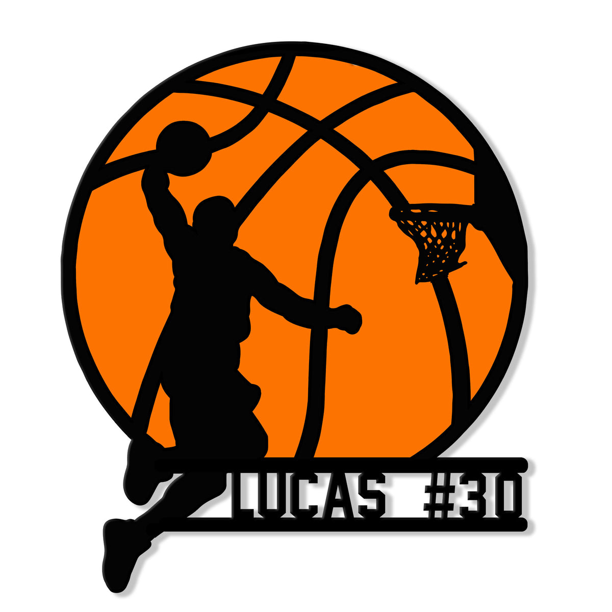 Basketball metal sign featuring a player silhouette dunking against an orange basketball backdrop
