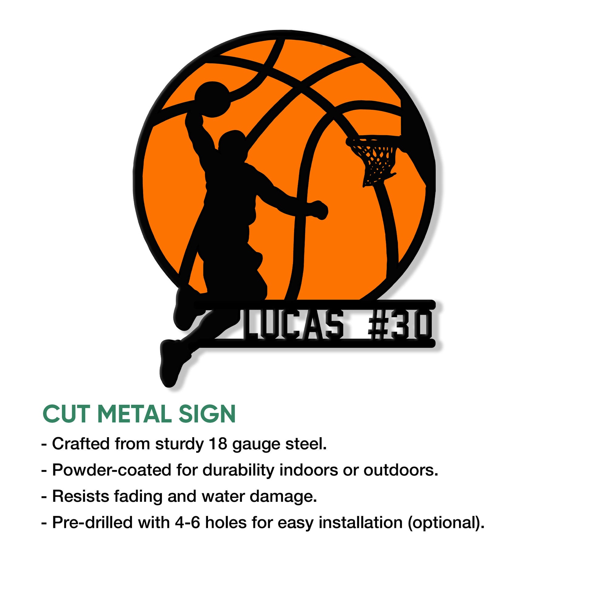 Basketball player silhouette metal sign shown in a product feature infographic