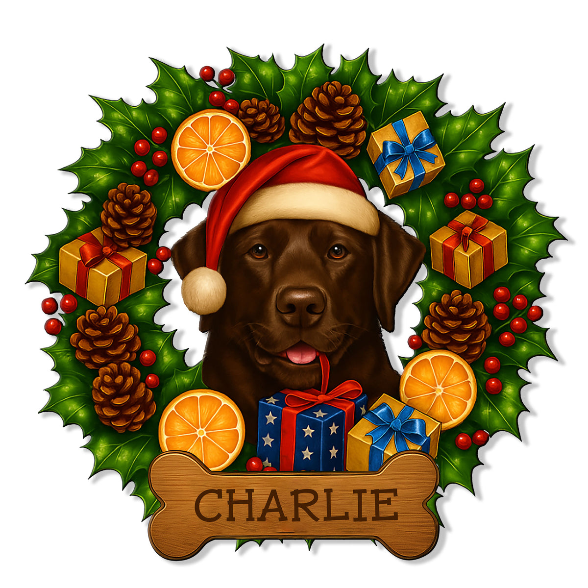 Custom Labrador Retriever metal sign featuring a chocolate Lab in a Santa hat surrounded by holly and gifts