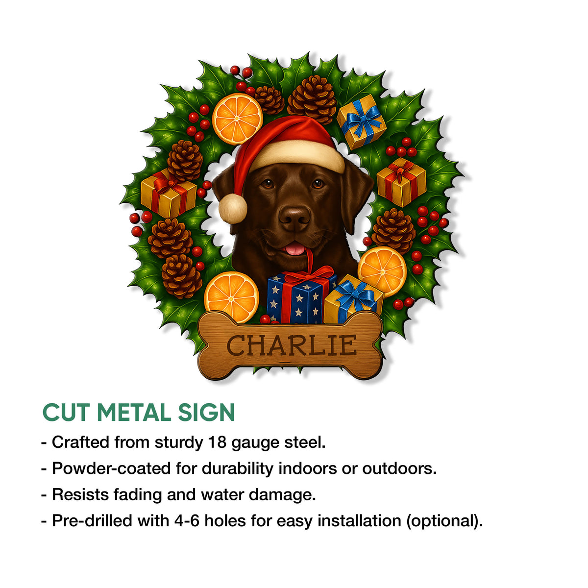 Labrador Retriever Christmas metal sign shown with cut-steel construction and holiday dog artwork