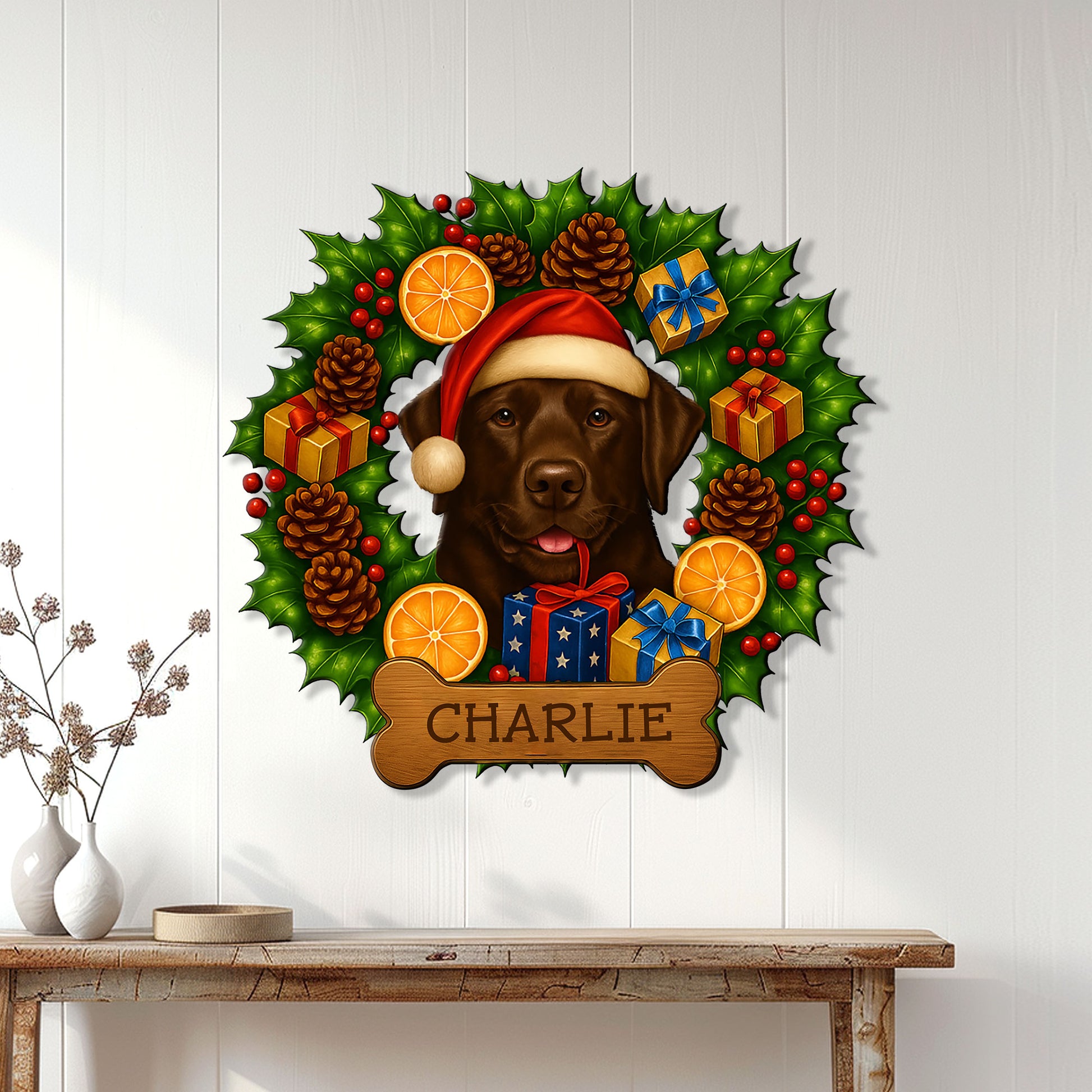 Labrador Retriever holiday wall sign displayed on a white paneled wall above a console table