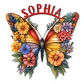 Colorful floral butterfly metal sign featuring vibrant flowers, leafy details, and graceful botanical wings