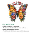 Floral butterfly cut metal sign shown with a product feature overview for decorative wall display