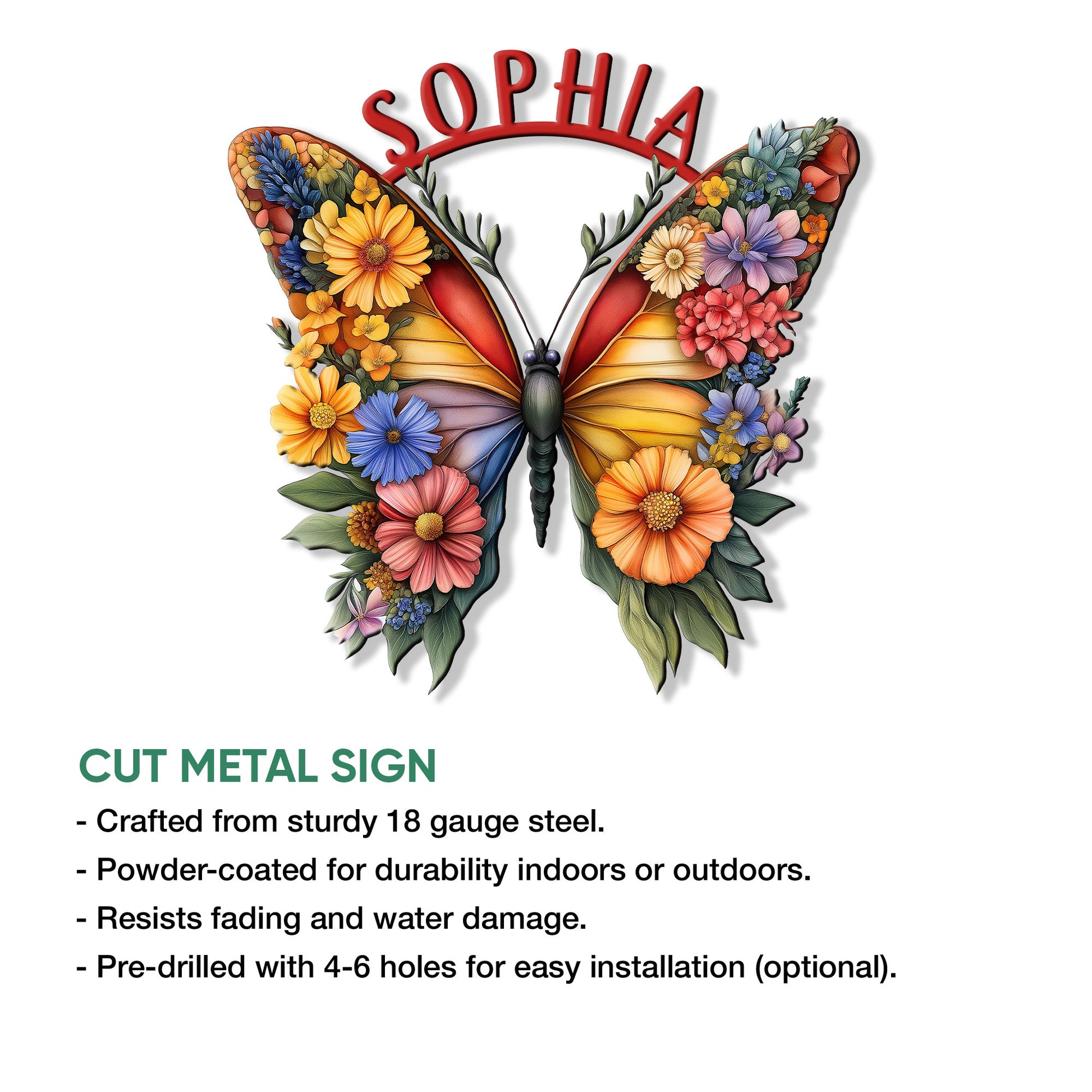 Floral butterfly cut metal sign shown with a product feature overview for decorative wall display