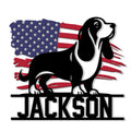 Patriotic Basset Hound metal sign featuring a black-and-white dog over a waving American flag
