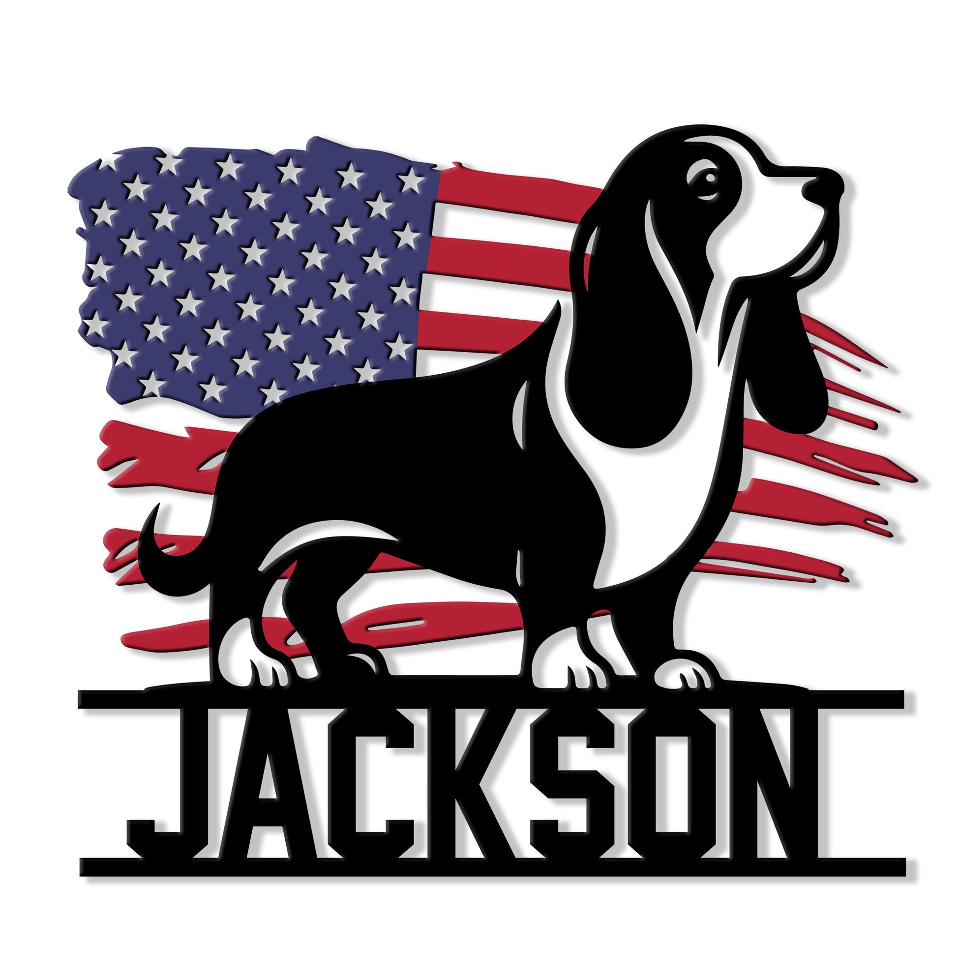Patriotic Basset Hound metal sign featuring a black-and-white dog over a waving American flag