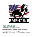 Basset Hound metal sign product infographic showing the patriotic dog design and sign features