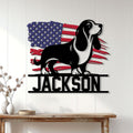 Patriotic Basset Hound wall sign displayed on a white paneled wall above a console table