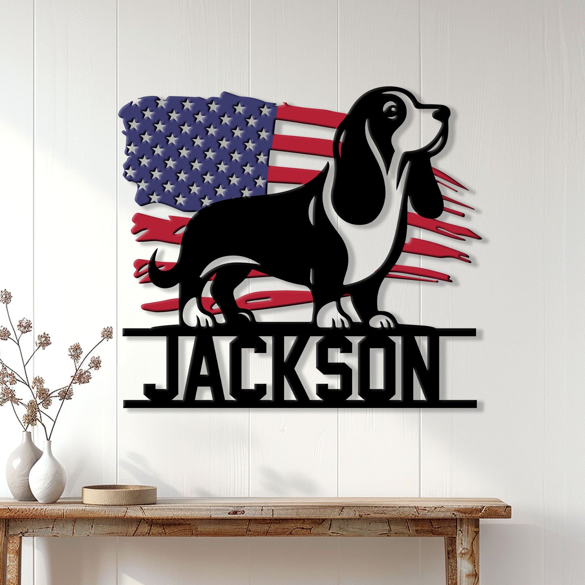 Patriotic Basset Hound wall sign displayed on a white paneled wall above a console table