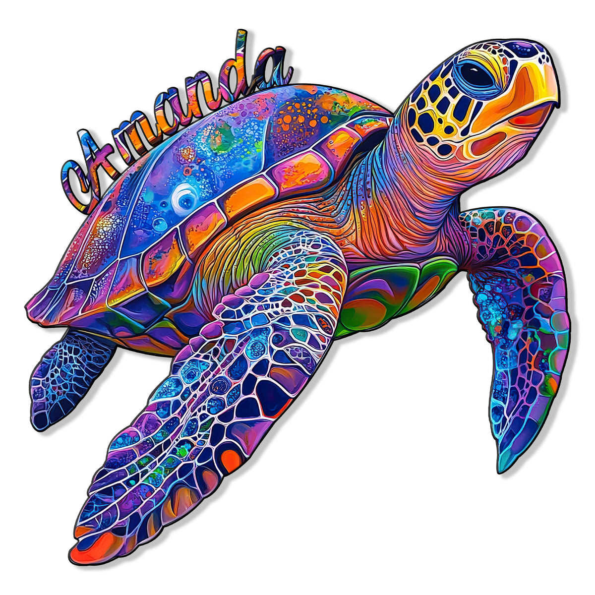 Colorful sea turtle metal sign with vibrant mosaic-style shell and ocean-inspired artwork