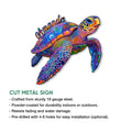 Colorful sea turtle cut metal sign shown with product feature information
