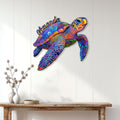 Vibrant sea turtle wall sign displayed above a console table in a bright coastal home