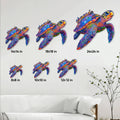 Sea turtle metal sign size guide showing six available square dimensions in a living room setting
