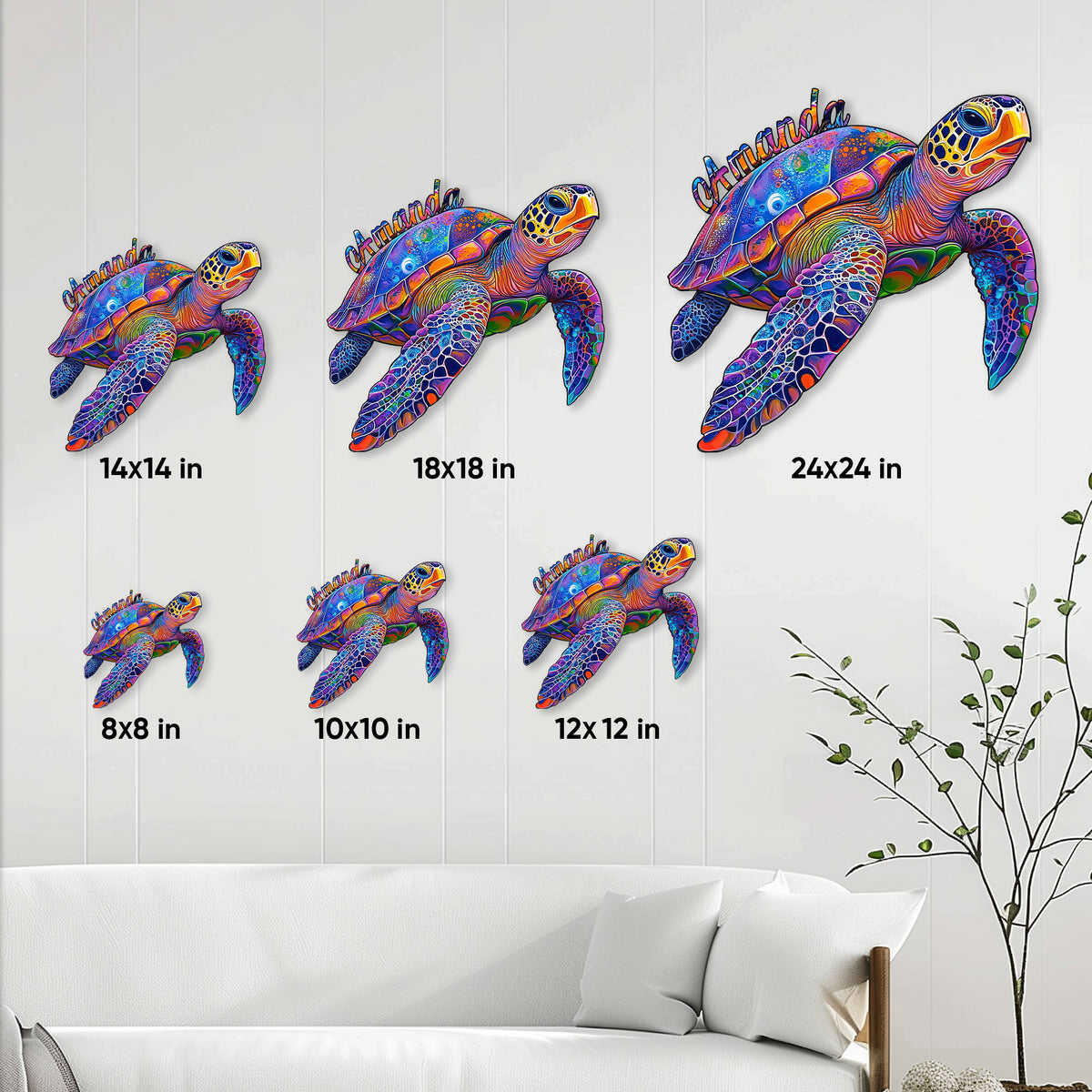 Sea turtle metal sign size guide showing six available square dimensions in a living room setting
