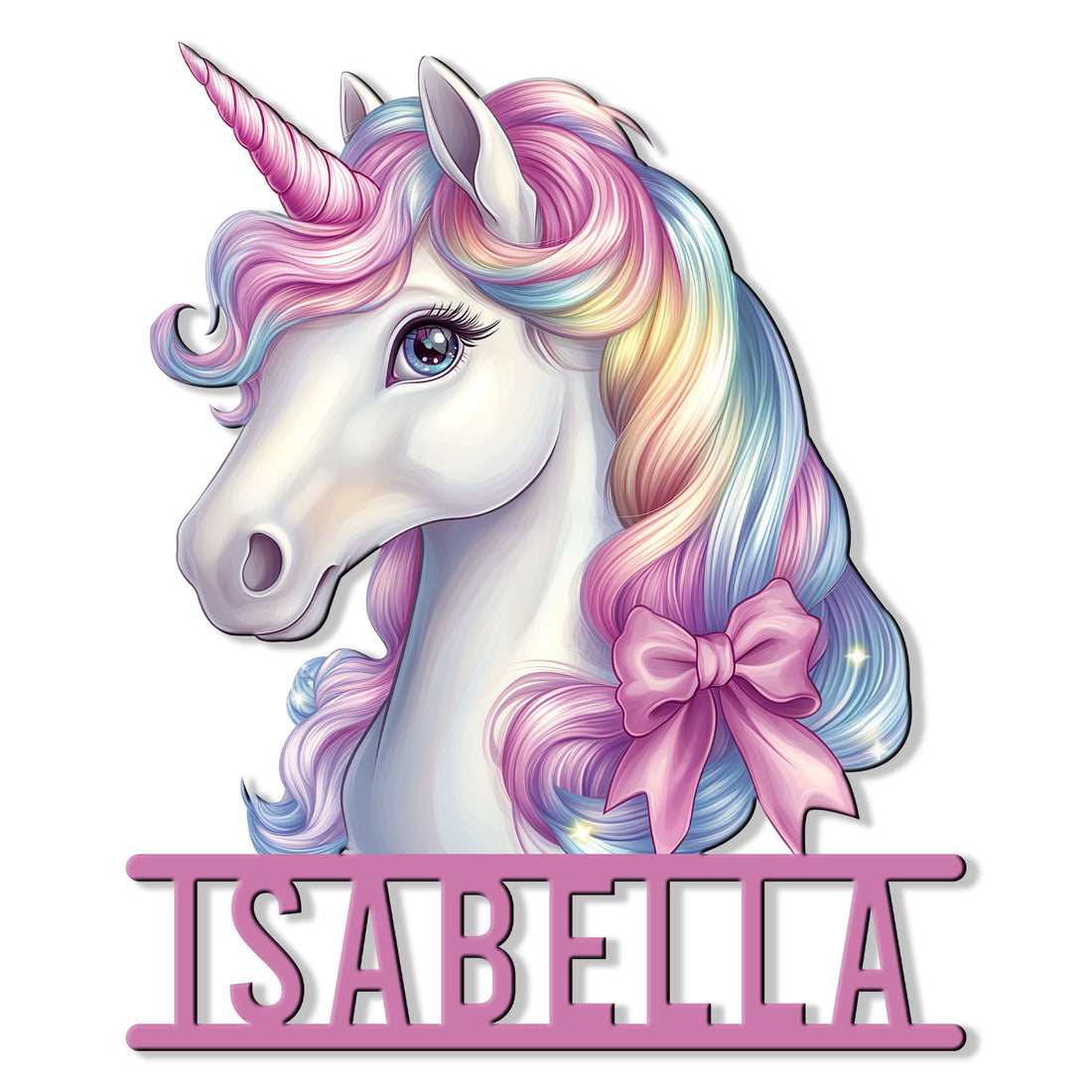 Colorful unicorn metal sign featuring a pastel rainbow mane, spiral horn, sparkling accents, and pink bow