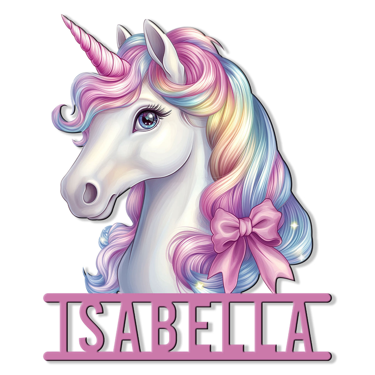Colorful unicorn metal sign featuring a pastel rainbow mane, spiral horn, sparkling accents, and pink bow