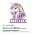 Unicorn cut metal sign with a pastel rainbow design shown alongside product feature information