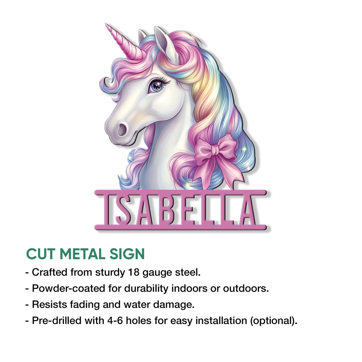 Unicorn cut metal sign with a pastel rainbow design shown alongside product feature information