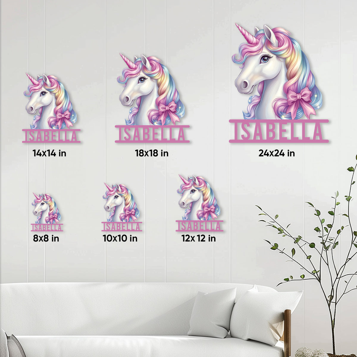 Unicorn metal sign size guide showing available square dimensions from 8 by 8 to 24 by 24 inches