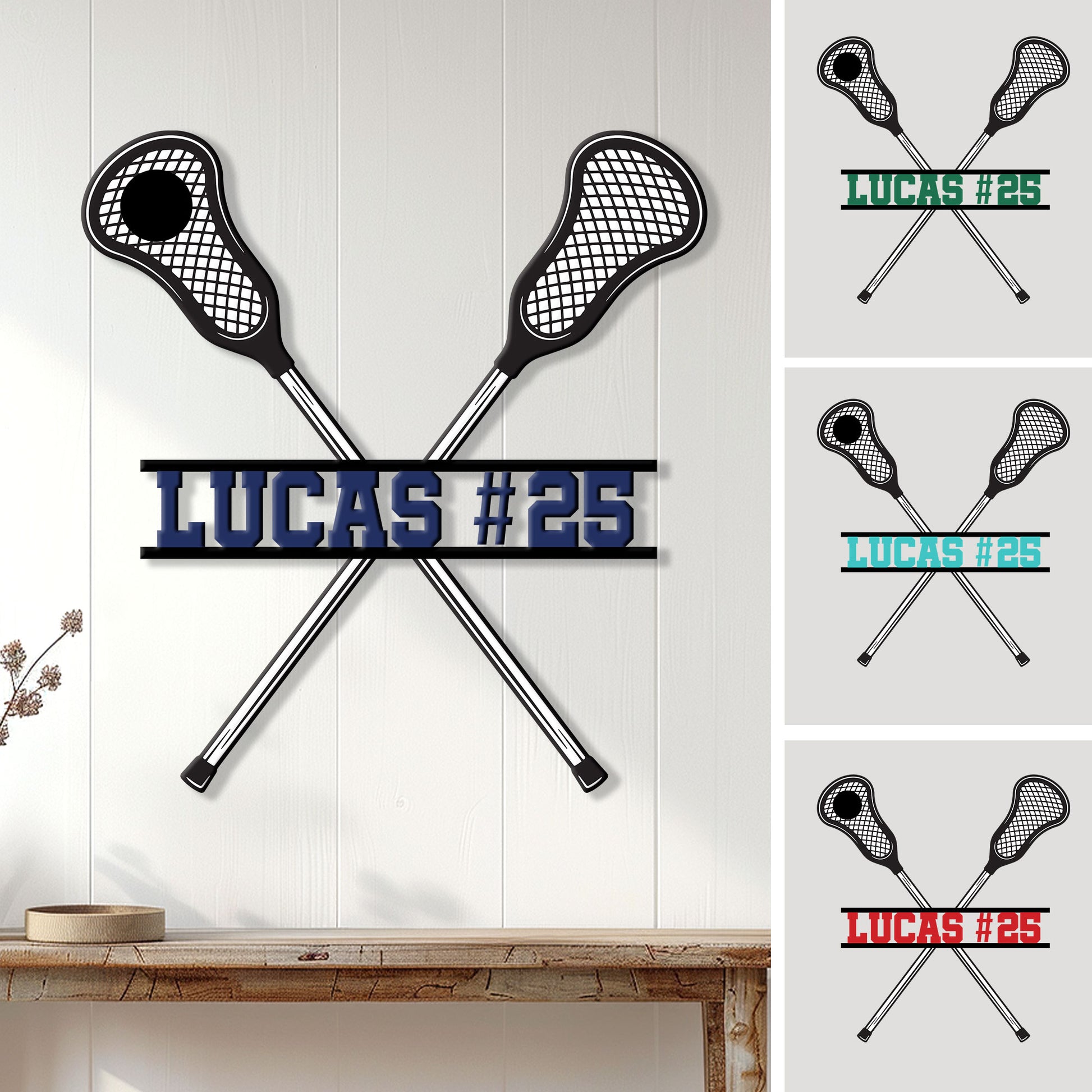 Custom lacrosse metal sign displayed on a white wall, featuring crossed sticks and bold athletic lettering