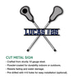 Lacrosse metal sign product graphic with crossed lacrosse sticks and bold collegiate-style lettering