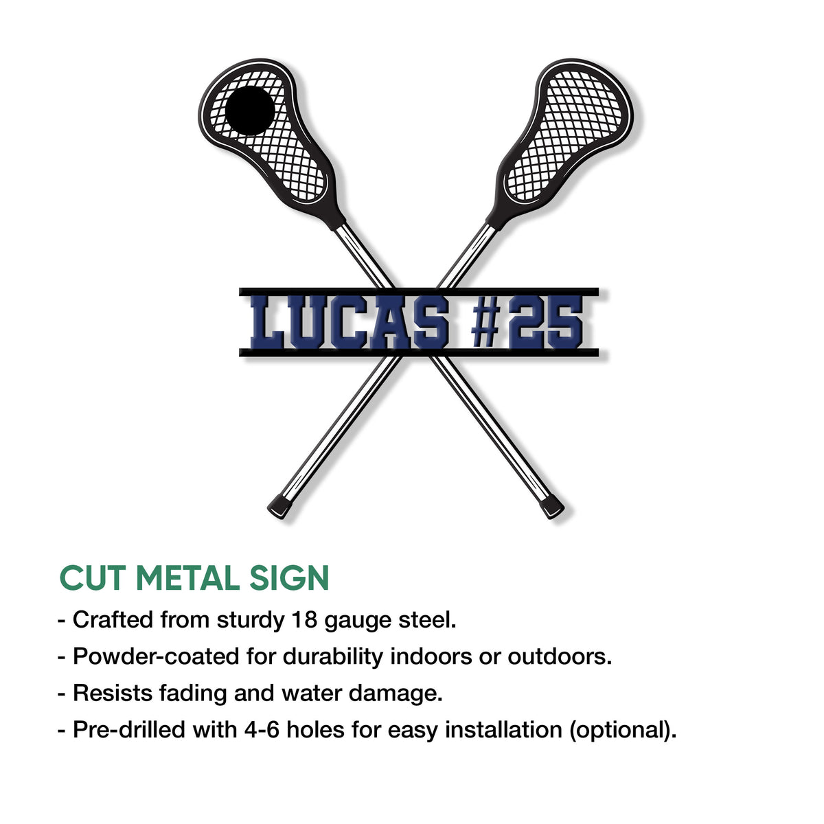 Lacrosse metal sign product graphic with crossed lacrosse sticks and bold collegiate-style lettering