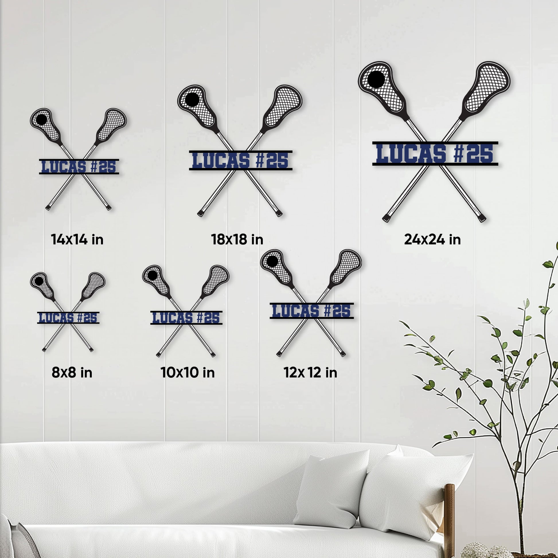 Lacrosse metal sign size guide showing multiple square size options in a bright living room setting