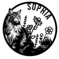 Round Maine Coon metal sign featuring a detailed long-haired cat portrait surrounded by floral accents