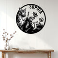 Maine Coon metal wall sign displayed above a console table in a bright home interior