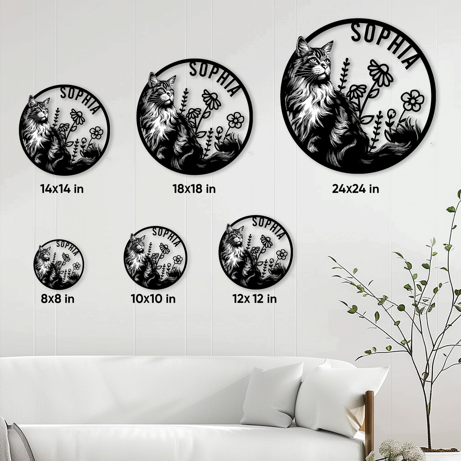 Maine Coon cat metal sign shown in multiple sizes on a living room wall