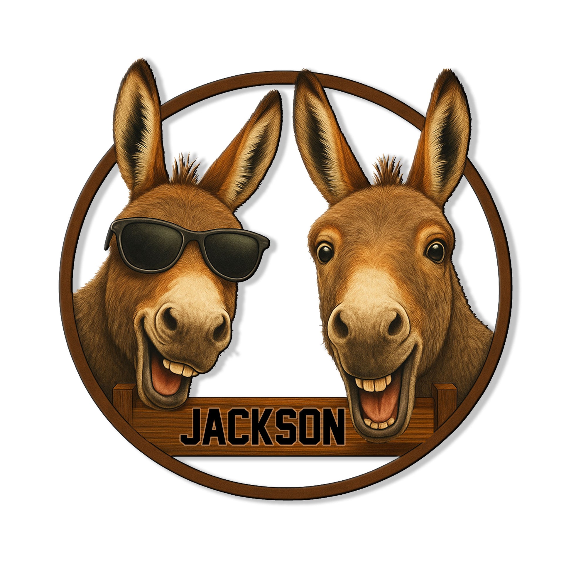 Custom donkey metal sign featuring two cheerful donkey faces, including one wearing sunglasses in a rustic wood-style frame